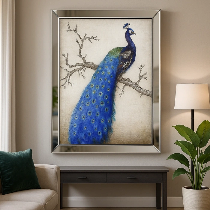 AYNA ÇERÇEVELİ MAVİ TAVUSKUŞU DUVAR TABLOSU