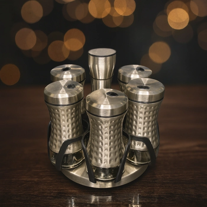 ÇELİK 6 LI BAHARAT SETİ DÖNER RAYLI ALTI CAM 18X18 CM