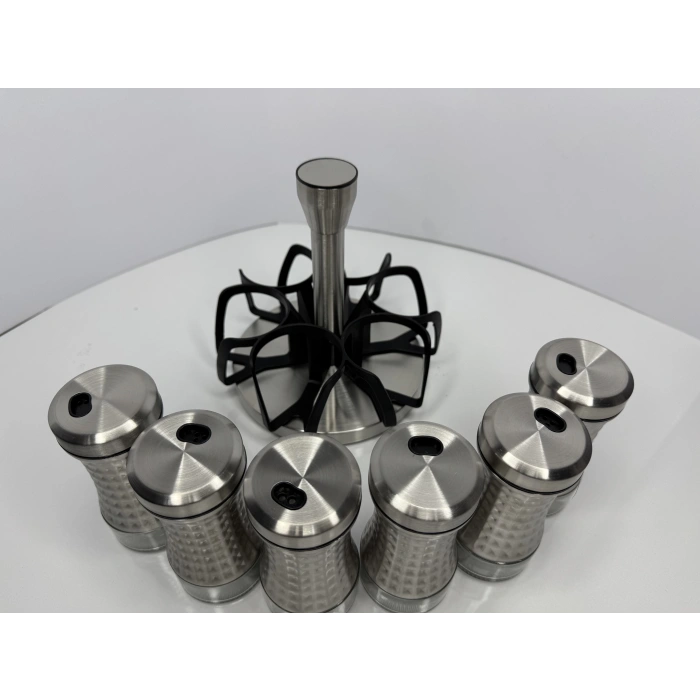 ÇELİK 6 LI BAHARAT SETİ DÖNER RAYLI ALTI CAM 18X18 CM