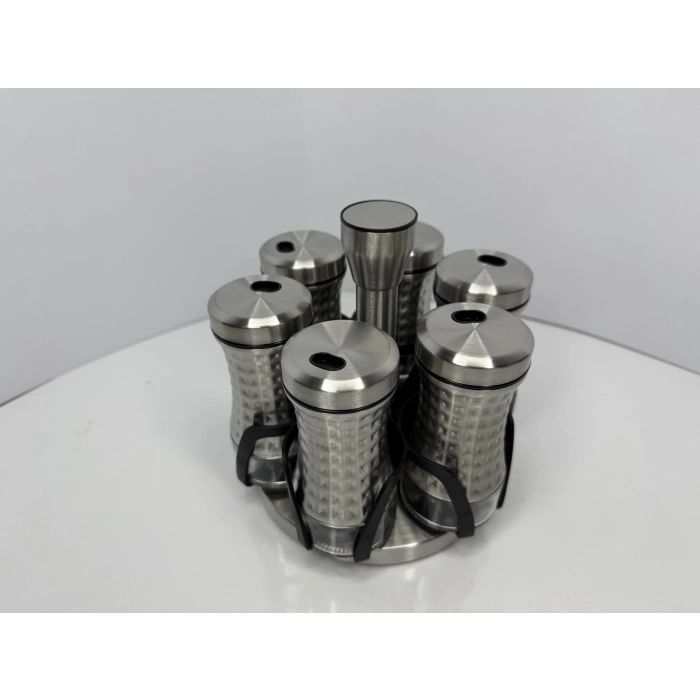 ÇELİK 6 LI BAHARAT SETİ DÖNER RAYLI ALTI CAM 18X18 CM