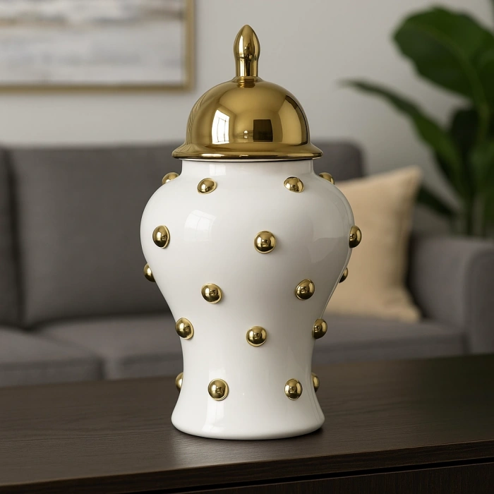 GOLD KAPAKLI DEKORATİF BONCUKLU SERAMİK KAVANOZ BB 45x25