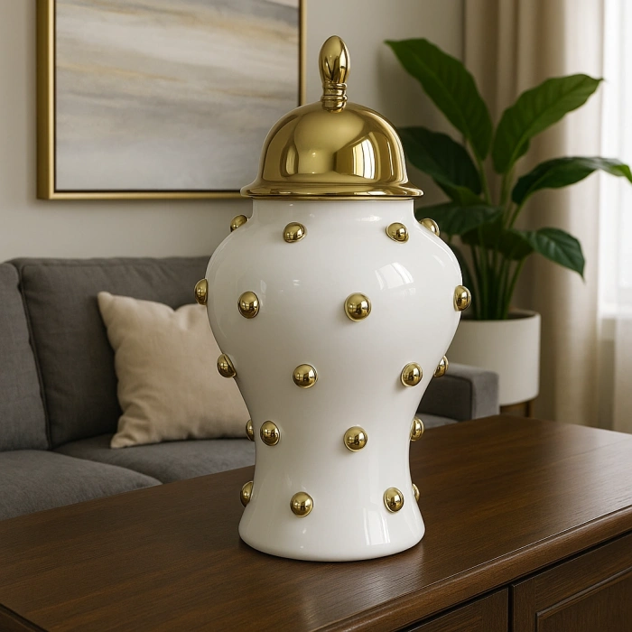 GOLD KAPAKLI DEKORATİF BONCUKLU SERAMİK KAVANOZ BB 45x25