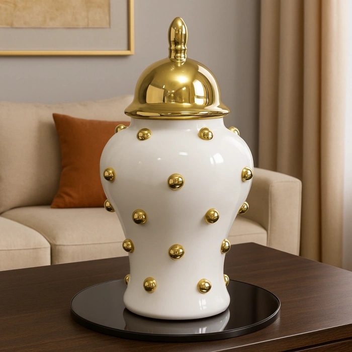 GOLD KAPAKLI DEKORATİF BONCUKLU SERAMİK KAVANOZ BB 45x25