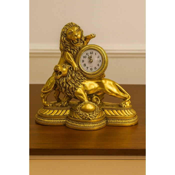 GÜMÜŞ GOLD ASLAN FİGÜRLÜ MASA SAATİ 28X26