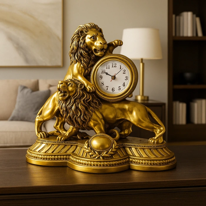 GÜMÜŞ GOLD ASLAN FİGÜRLÜ MASA SAATİ 28X26