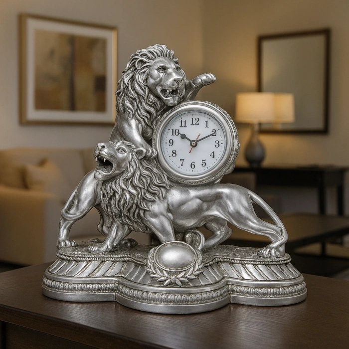 GÜMÜŞ GOLD ASLAN FİGÜRLÜ MASA SAATİ 28X26
