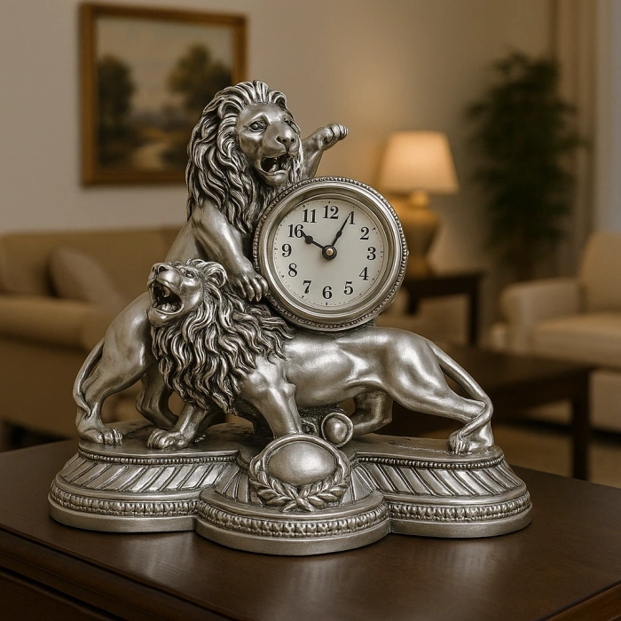 GÜMÜŞ GOLD ASLAN FİGÜRLÜ MASA SAATİ 28X26