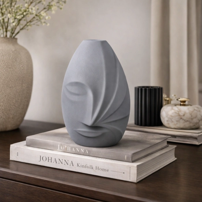 Modern Yüz Figürlü Dekoratif Gri Seramik Vazo 29*19