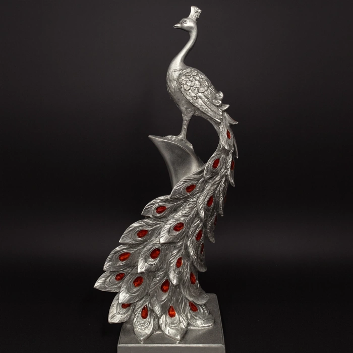 GÜMÜŞ KRİSTAL KUYRUKLU TAVUSKUŞU DEKOR HEYKEL 50x22 CM