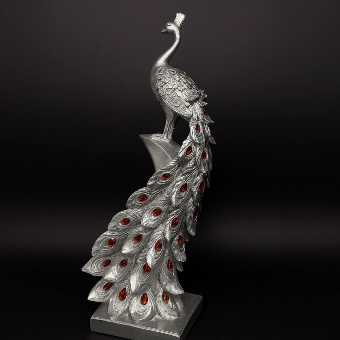 GÜMÜŞ KRİSTAL KUYRUKLU TAVUSKUŞU DEKOR HEYKEL 50x22 CM