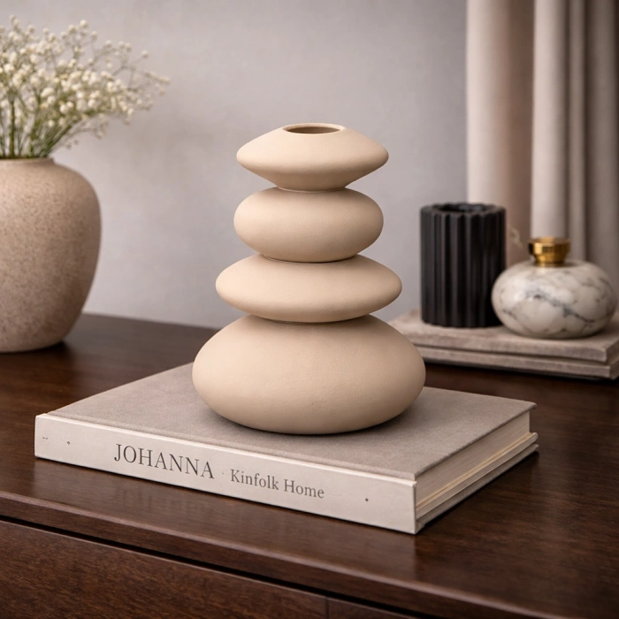 Zen Formlu Mat Seramik Dekoratif Taş Vazo