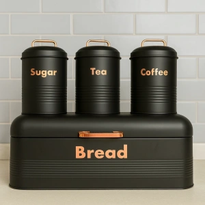 4 LÜ MUTFAK SETİ EKMEKLİKÇAY KAHVE ŞEKERLİK SİYAH 43x20