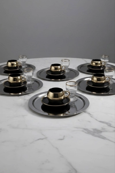 Paslanmaz Çelik 6 Adet Yuvarlak Siyah Sunum Servis Tepsisi