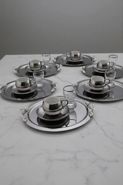 Kulp Aksesuarlı Paslanmaz Çelik 6 Adet Yuvarlak Gümüş Sunum Servis Tepsisi