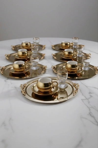 Kulp Aksesuarlı Paslanmaz Çelik 6 Adet Yuvarlak Gold Sunum Servis Tepsisi