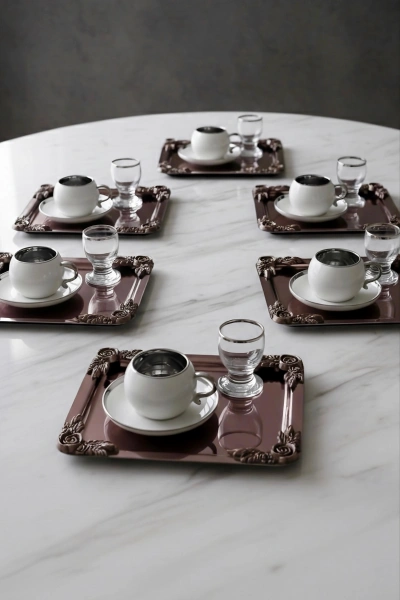 Köşe Tekli Gül Aksesuarlı Paslanmaz Çelik 6 Adet Kare Bakır Sunum Servis Tepsisi