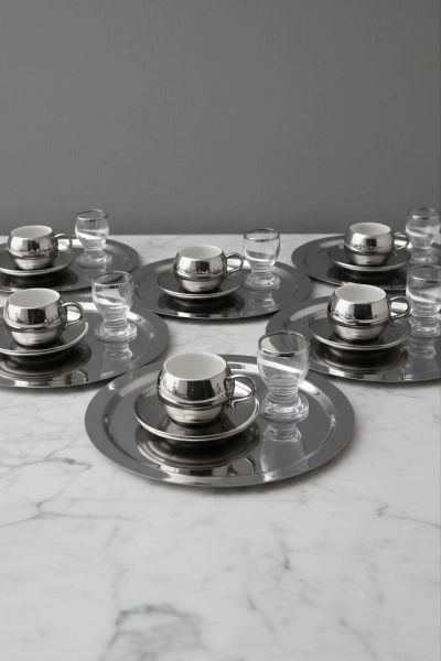 Paslanmaz Çelik 6 Adet Yuvarlak Gümüş Sunum Servis Tepsisi