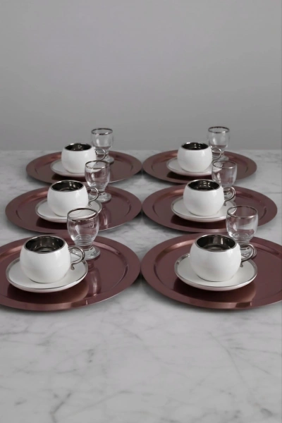 Paslanmaz Çelik 6 Adet Yuvarlak Bakır Sunum Servis Tepsisi