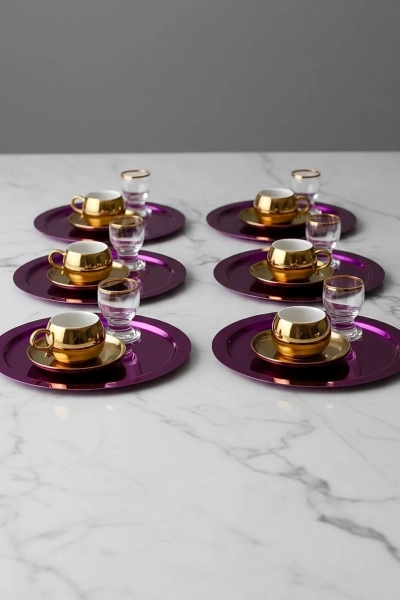 Paslanmaz Çelik 6 Adet Yuvarlak Pembe Sunum Servis Tepsisi