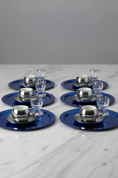 Paslanmaz Çelik 6 Adet Yuvarlak Mavi Sunum Servis Tepsisi