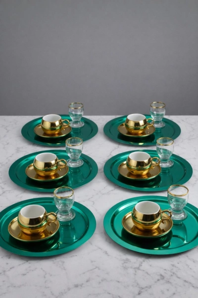 Paslanmaz Çelik 6 Adet Yuvarlak Yeşil Sunum Servis Tepsisi