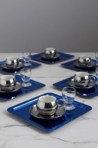 Paslanmaz Çelik 6 Adet Kare Mavi Sunum Servis Tepsisi