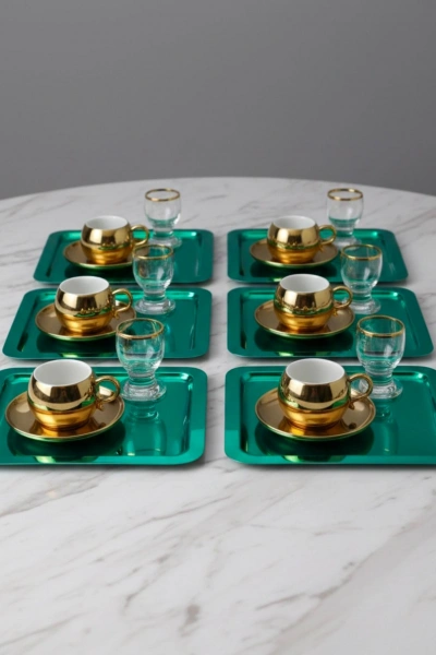 Paslanmaz Çelik 6 Adet Kare Yeşil Sunum Servis Tepsisi