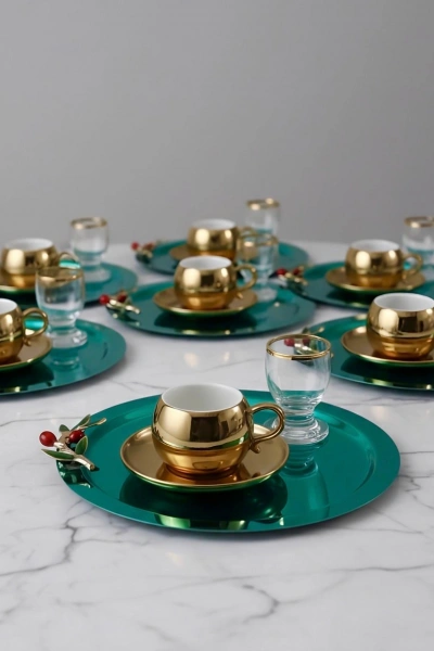 Zeytin Dalı Aksesuarlı Paslanmaz Çelik 6 Adet Yuvarlak Yeşil Sunum Servis Tepsisi