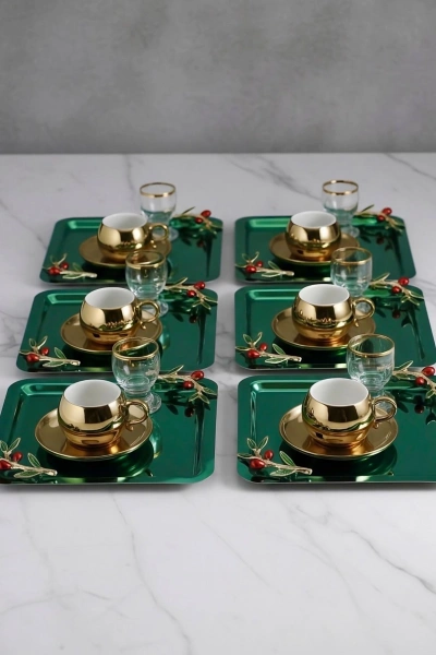 Zeytin Dalı Aksesuarlı Paslanmaz Çelik 6 Adet Kare Yeşil Sunum Servis Tepsisi