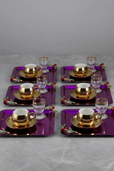 Zeytin Dalı Aksesuarlı Paslanmaz Çelik 6 Adet Kare Pembe Sunum Servis Tepsisi