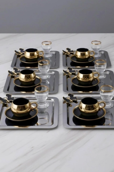 Siyah Kelebek Aksesuarlı Paslanmaz Çelik 6 Adet kare Siyah Sunum Servis Tepsisi