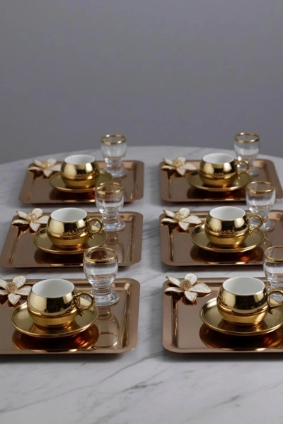 Papatyalı Paslanmaz Çelik 6 Adet Kare Lüx Rose Kahve, Çay Sunum Servis Tepsisi