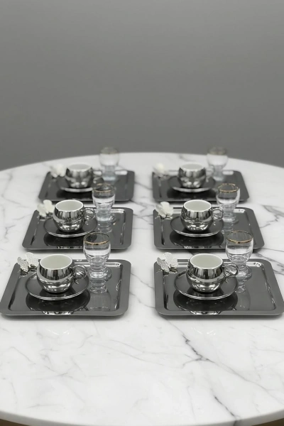 Taşlı Kelebek Aksesuarlı Paslanmaz Çelik 6 Adet Kare Gümüş Sunum Servis Tepsisi