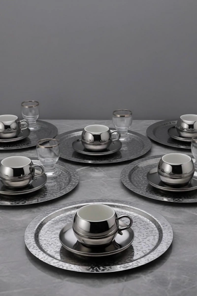 Paslanmaz Çelik 6 Adet Yuvarlak Desenli Gümüş AD-08 Sunum Servis Tepsisi