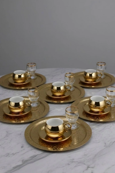 Paslanmaz Çelik 6 Adet Yuvarlak desenli Gold AD-08 Sunum Servis Tepsisi