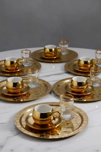 Paslanmaz Çelik 6 Adet Yuvarlak Desenli Gold AD-26 Sunum Servis Tepsisi