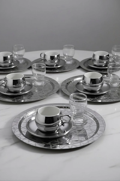 Paslanmaz Çelik 6 Adet Yuvarlak Lüx Desenli Gümüş Ad-26 Kahve, Çay Sunum Servis Tepsisi