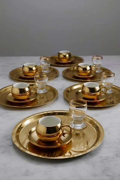 Paslanmaz Çelik 6 Adet Yuvarlak Lüx Desenli Gold AD-20 Kahve, Çay Sunum Servis Tepsisi