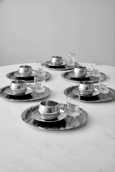 Paslanmaz Çelik 6 Adet Yuvarlak Lüx Desenli Gümüş AD-20 Kahve, Çay Sunum Servis Tepsisi