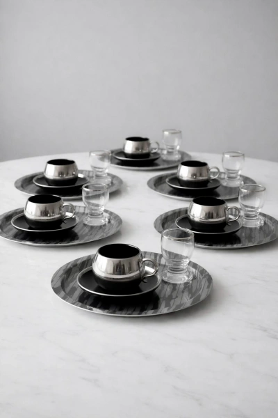 Paslanmaz Çelik 6 Adet Yuvarlak Lüx Desenli Siyah AD-20 Kahve, Çay Sunum Servis Tepsisi