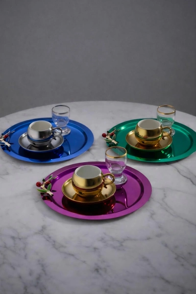 Zeytin Dalı Aksesuarlı Paslanmaz Çelik 6 Adet Yuvarlak Lüx Renkli Kahve, Çay Sunum Servis Tepsisi