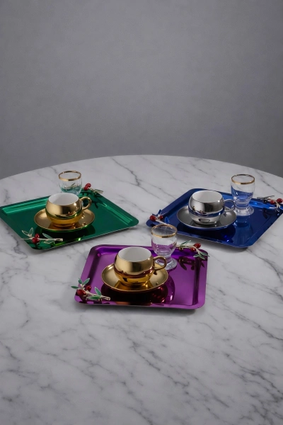 Zeytin Dal Aksesuarlı Paslanmaz Çelik 6 Adet Kare Lüx Renkli Kahve, Çay Sunum Servis Tepsisi