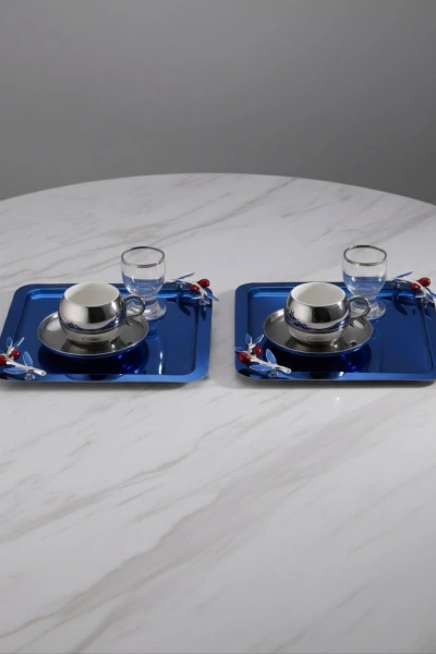 Zeytin Dalı Aksesuarlı Paslanmaz Çelik 2 Adet Kare Lüx Mavi, Kahve , Çay Sunum Servis Tepsisi