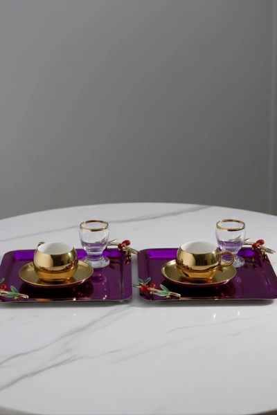 Zeytin Dalı Aksesuarlı Paslanmaz Çelik 2 Adet Kare Pembe Lüx Kahve,Çay Sunum Servis Tepsisi