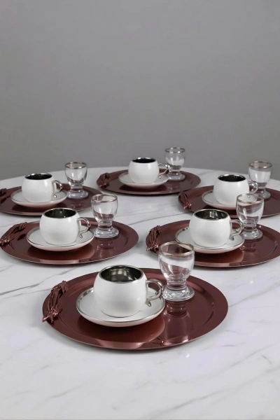 6 Adet Paslanmaz Çelik Yuvarlak Dal Figürlü Bakır Renk Kahve Sunum Tepsisi