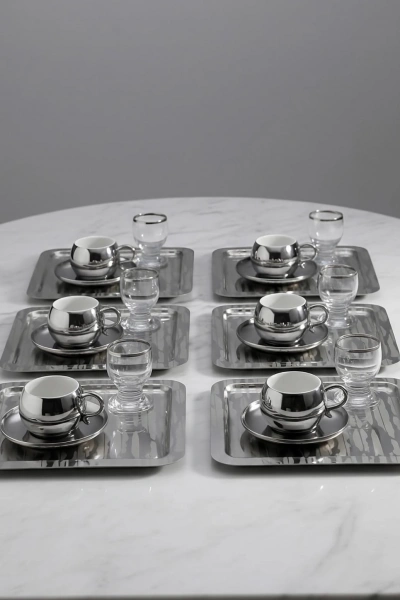 Paslanmaz Çelik 6 Adet Kare Desenli Gümüş AD-20 Sunum Servis Tepsisi