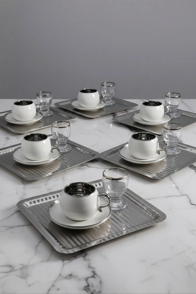 Paslanmaz Çelik 6 Adet Kare Desenli Gümüş AD-15 Sunum Servis Tepsisi