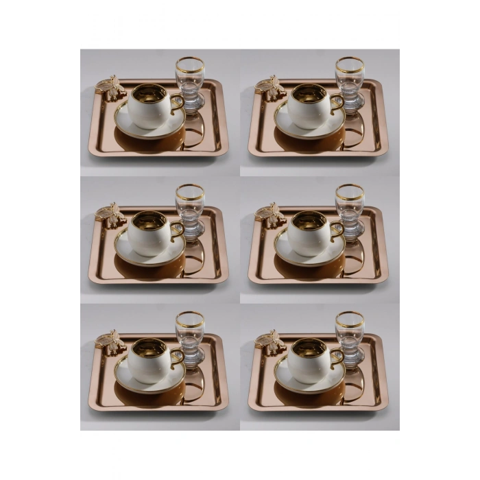 Rose Kelebek Aksesuarlı Paslanmaz Çelik 6 Adet Kare Lüx Rose Kahve, Çay Sunum Servis Tepsisi