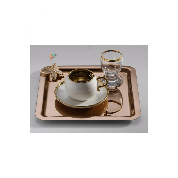 Rose Kelebek Aksesuarlı Paslanmaz Çelik 6 Adet Kare Lüx Rose Kahve, Çay Sunum Servis Tepsisi