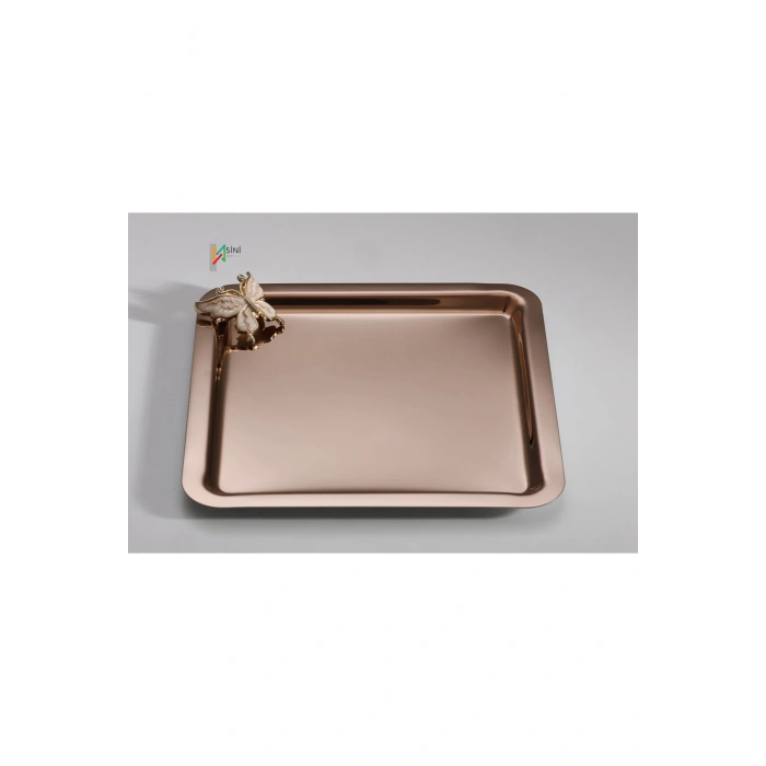 Rose Kelebek Aksesuarlı Paslanmaz Çelik 6 Adet Kare Lüx Rose Kahve, Çay Sunum Servis Tepsisi